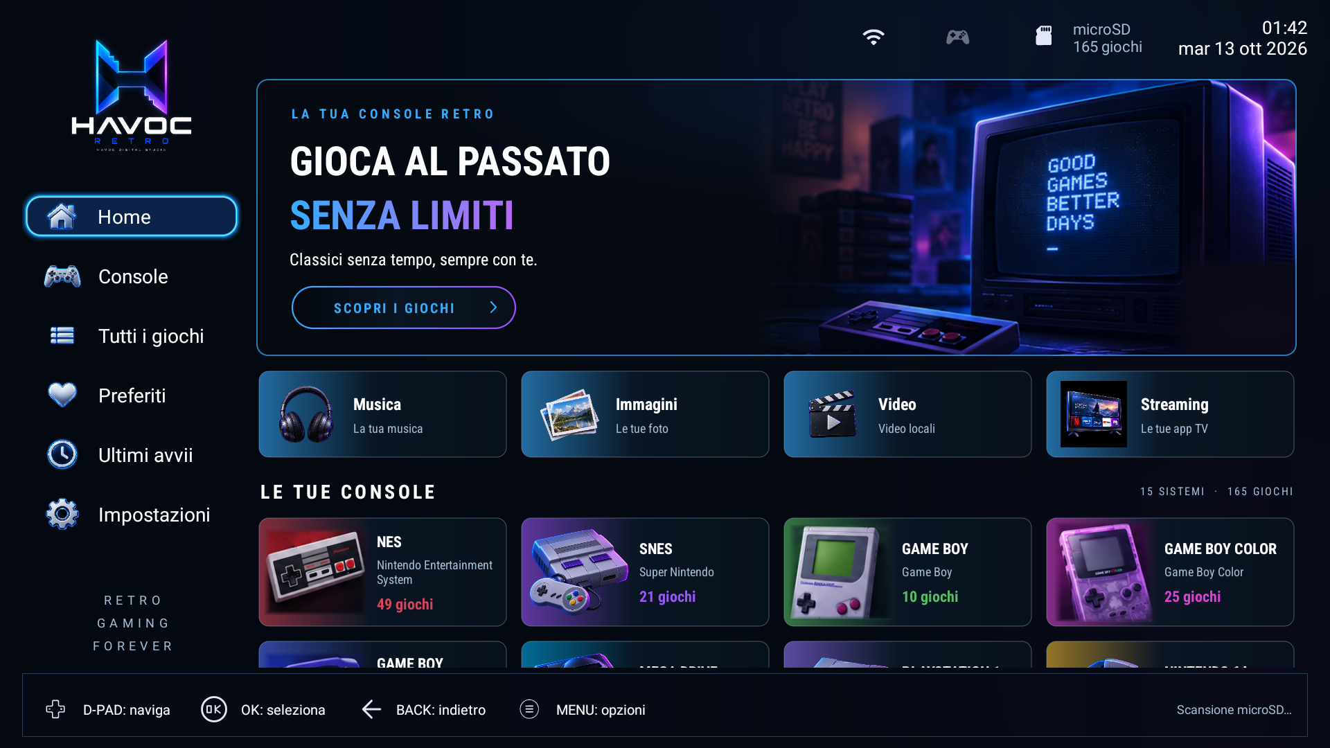 HAVOC Retro 2.8.4 — schermata reale del launcher sul decoder Android: accesso a giochi, console e contenuti multimediali. La libreria mostrata appartiene al dispositivo di prova; i giochi non sono inclusi.