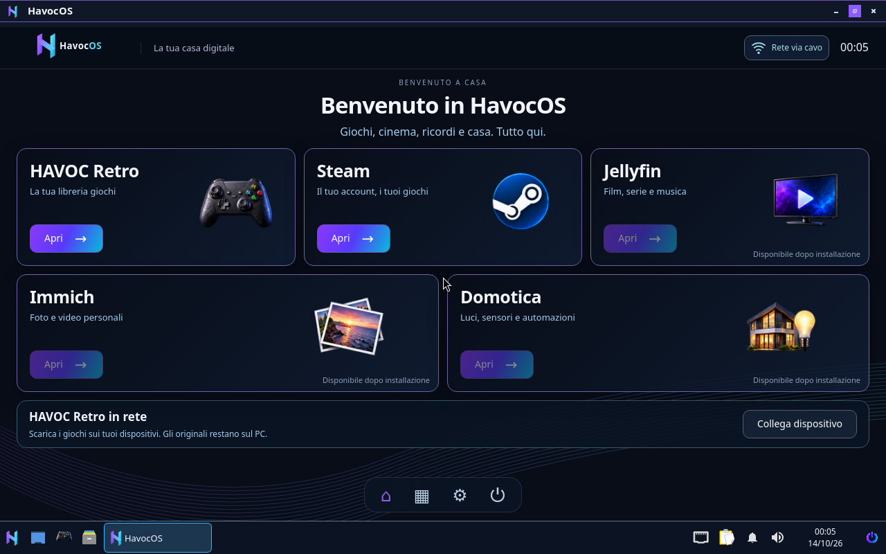 HavocOS Linux — schermata reale della versione Live durante i test in macchina virtuale: home, applicazioni e collegamento dei dispositivi.